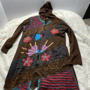 Rising International Boho Patchwork Long Hoodie Jacket L Cotton Nepal Psytrance